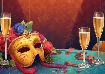 Mask and champagne on table