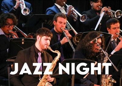Five Jazz musicians playing brass instruments in an ensemble. All are dressed in black or dark blue suits and stands behind a music stand image - click to enlarge