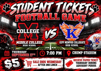 Middle College vs. KIPP Memphis Collegiate 📅 Thursday, September 17th ⏰ 7:00 PM 📍 Crump Stadium image - click to enlarge