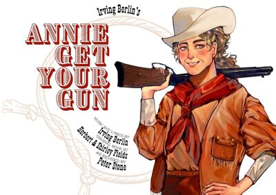 The title of the show, Irving Berlin's Annie Get Your Gun is encircled by a lasso rope. A girl in western attire holding a rifle over her shoulder towers over the right side. image - click to enlarge